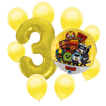 Brawl Stars 3rd birthday set main: number 3 foil, themed foil and 8 matching latex balloons
