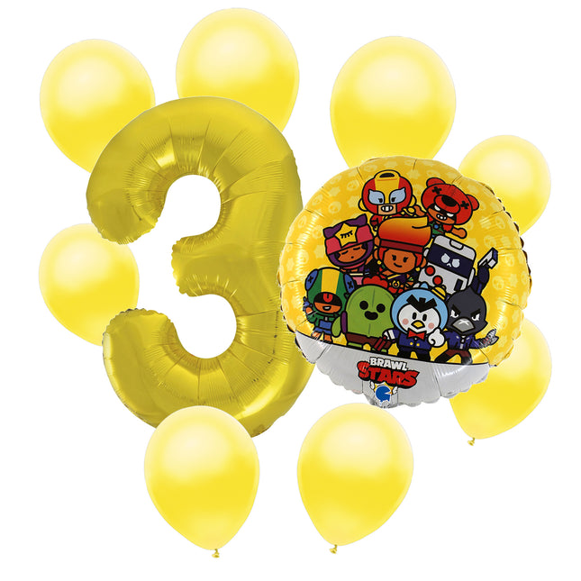 Brawl Stars 3rd birthday set main: number 3 foil, themed foil and 8 matching latex balloons