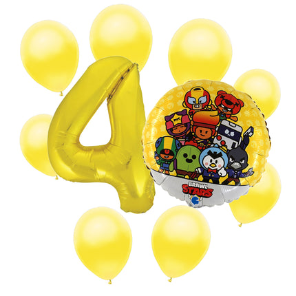 Brawl Stars 4th birthday set main: number 4 foil, themed foil and 8 matching latex balloons