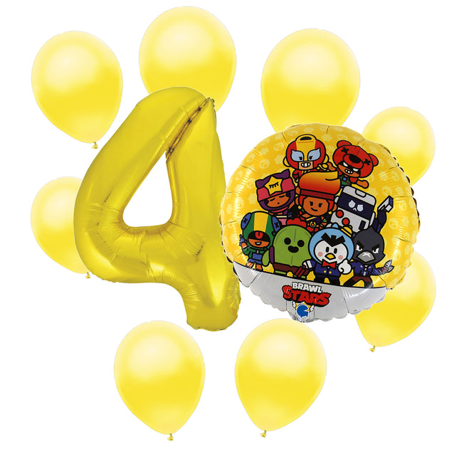 Brawl Stars 4th birthday set main: number 4 foil, themed foil and 8 matching latex balloons