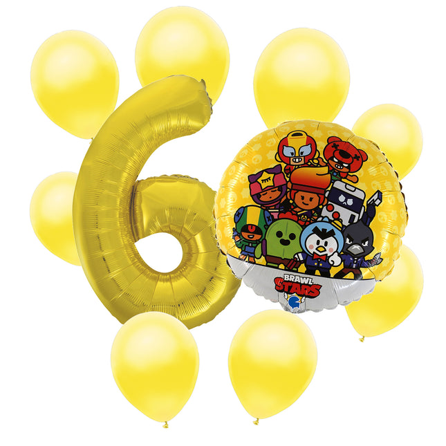 Brawl Stars 6th birthday set main: number 6 foil, themed foil and 8 matching latex balloons