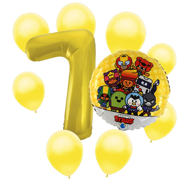 Brawl Stars 7th birthday set main: number 7 foil, themed foil and 8 matching latex balloons