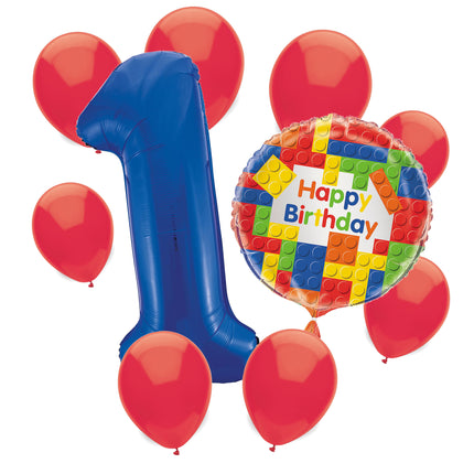 Building Blocks 1st birthday set main: number 1 foil, themed foil and 8 matching latex balloons