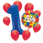 Building Blocks 1st birthday set main: number 1 foil, themed foil and 8 matching latex balloons