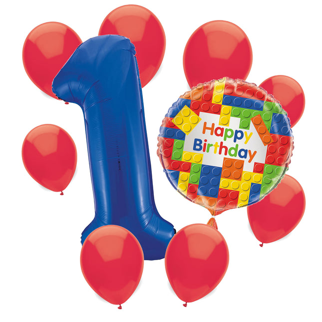 Building Blocks 1st birthday set main: number 1 foil, themed foil and 8 matching latex balloons
