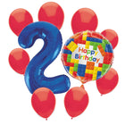 Building Blocks 2nd birthday set main: number 2 foil, themed foil and 8 matching latex balloons