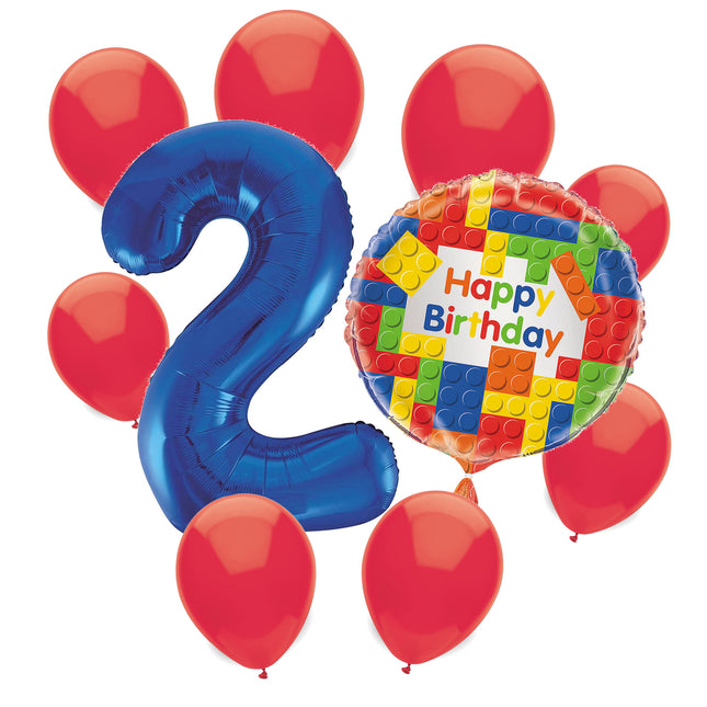 Building Blocks 2nd birthday set main: number 2 foil, themed foil and 8 matching latex balloons