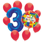 Building Blocks 3rd birthday set main: number 3 foil, themed foil and 8 matching latex balloons