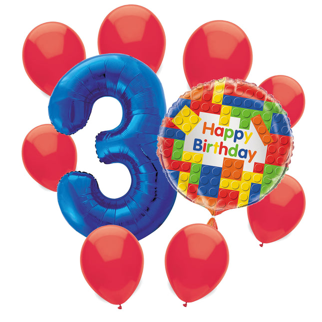 Building Blocks 3rd birthday set main: number 3 foil, themed foil and 8 matching latex balloons