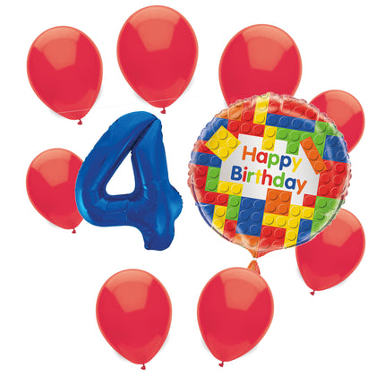 Building Blocks 4th birthday set main: number 4 foil, themed foil and 8 matching latex balloons
