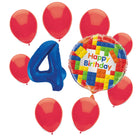 Building Blocks 4th birthday set main: number 4 foil, themed foil and 8 matching latex balloons