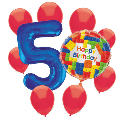Building Blocks 5th birthday set main: number 5 foil, themed foil and 8 matching latex balloons