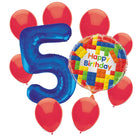 Building Blocks 5th birthday set main: number 5 foil, themed foil and 8 matching latex balloons