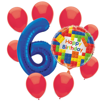 Building Blocks 6th birthday set main: number 6 foil, themed foil and 8 matching latex balloons