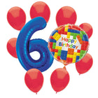 Building Blocks 6th birthday set main: number 6 foil, themed foil and 8 matching latex balloons