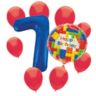 Building Blocks 7th birthday set main: number 7 foil, themed foil and 8 matching latex balloons