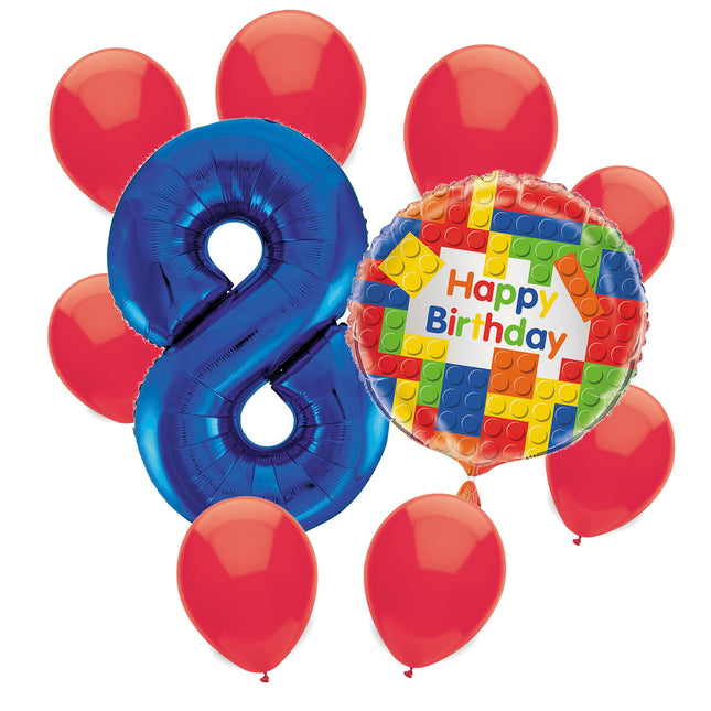 Building Blocks 8th birthday set main: number 8 foil, themed foil and 8 matching latex balloons