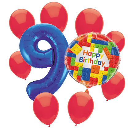 Building Blocks 9th birthday set main: number 9 foil, themed foil and 8 matching latex balloons