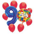 Building Blocks 9th birthday set main: number 9 foil, themed foil and 8 matching latex balloons