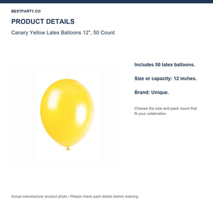Canary Yellow Latex Balloons 12", 50 Count — size and pack information
