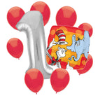 Cat in the Hat 1st birthday set main: number 1 foil, themed foil and 8 matching latex balloons