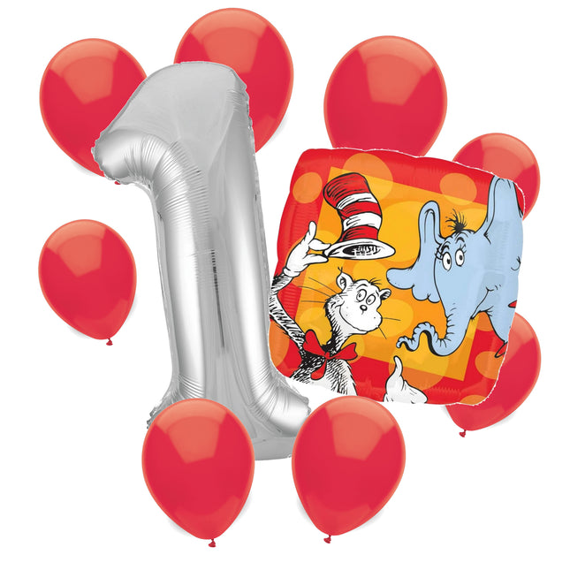 Cat in the Hat 1st birthday set main: number 1 foil, themed foil and 8 matching latex balloons