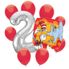 Cat in the Hat 2nd birthday set main: number 2 foil, themed foil and 8 matching latex balloons