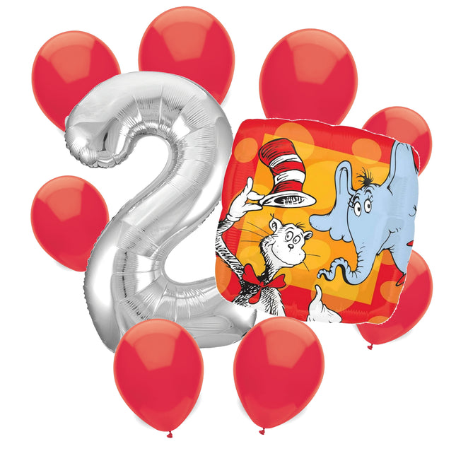 Cat in the Hat 2nd birthday set main: number 2 foil, themed foil and 8 matching latex balloons