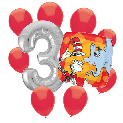 Cat in the Hat 3rd birthday set main: number 3 foil, themed foil and 8 matching latex balloons