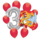 Cat in the Hat 3rd birthday set main: number 3 foil, themed foil and 8 matching latex balloons