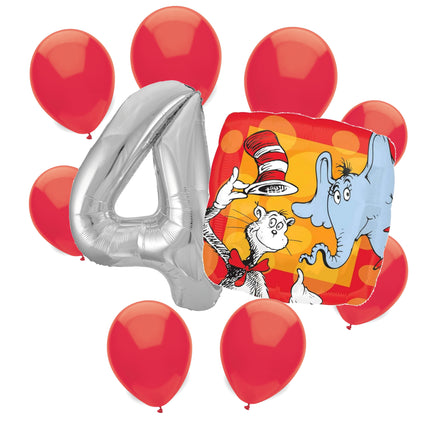 Cat in the Hat 4th birthday set main: number 4 foil, themed foil and 8 matching latex balloons