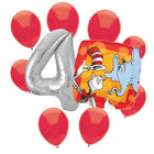 Cat in the Hat 4th birthday set main: number 4 foil, themed foil and 8 matching latex balloons