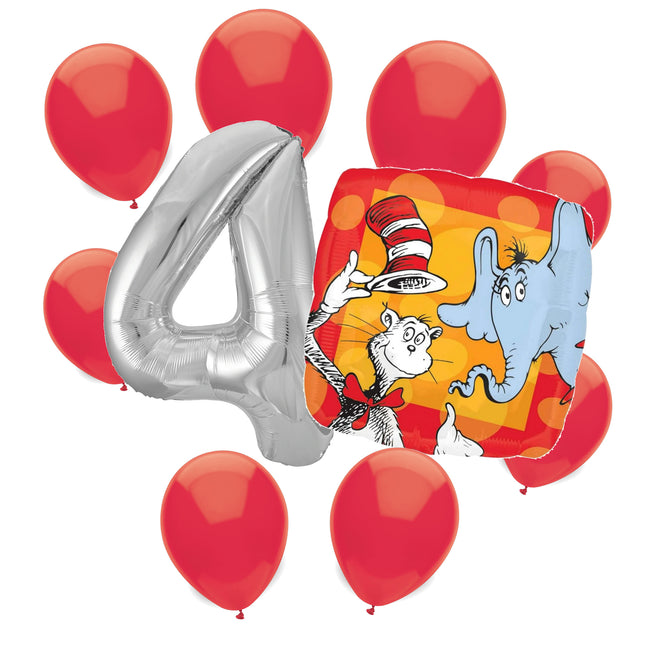 Cat in the Hat 4th birthday set main: number 4 foil, themed foil and 8 matching latex balloons