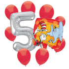 Cat in the Hat 5th birthday set main: number 5 foil, themed foil and 8 matching latex balloons