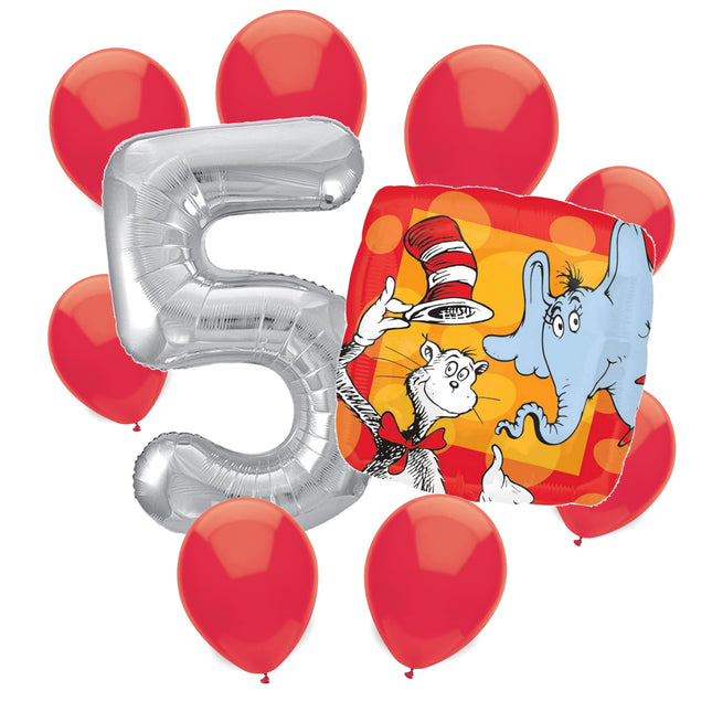 Cat in the Hat 5th birthday set main: number 5 foil, themed foil and 8 matching latex balloons