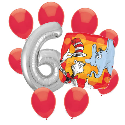Cat in the Hat 6th birthday set main: number 6 foil, themed foil and 8 matching latex balloons