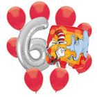 Cat in the Hat 6th birthday set main: number 6 foil, themed foil and 8 matching latex balloons