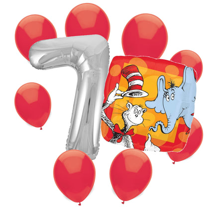Cat in the Hat 7th birthday set main: number 7 foil, themed foil and 8 matching latex balloons