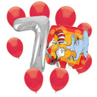 Cat in the Hat 7th birthday set main: number 7 foil, themed foil and 8 matching latex balloons