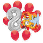 Cat in the Hat 8th birthday set main: number 8 foil, themed foil and 8 matching latex balloons