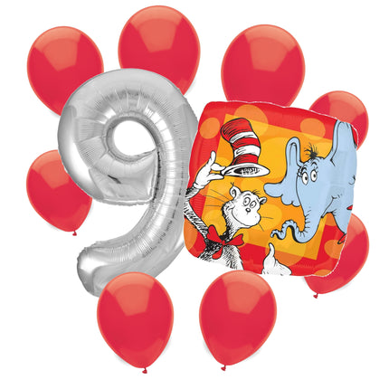 Cat in the Hat 9th birthday set main: number 9 foil, themed foil and 8 matching latex balloons