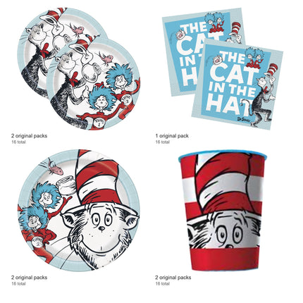 Cat in the Hat Coordinated Party Supplies Set for 16 Guests - included packs and quantities