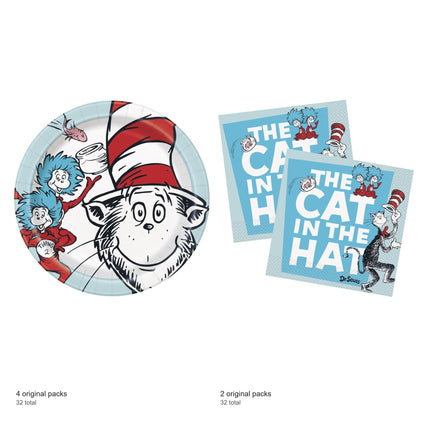 Cat in the Hat Dessert Plates and Napkins Set for 32 Guests - included packs and quantities