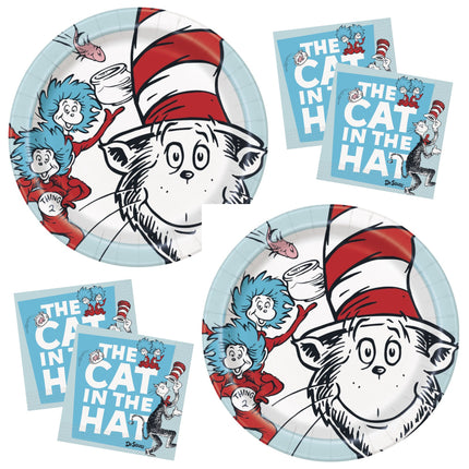 Cat in the Hat Dessert Plates and Napkins Set for 16 Guests - set overview