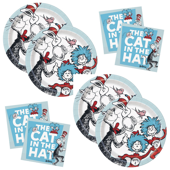 Cat in the Hat Dinner Plates and Napkins Set for 16 Guests - set overview