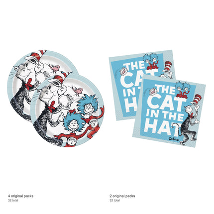 Cat in the Hat Dinner Plates and Napkins Set for 32 Guests - included packs and quantities