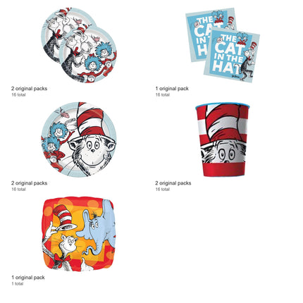 Cat in the Hat Party Supplies and Foil Balloon Set for 16 Guests - included packs and quantities