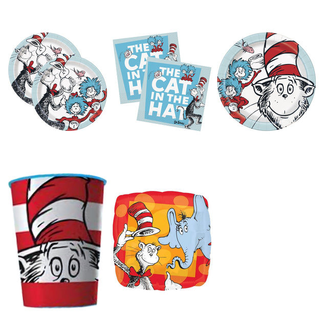 Cat in the Hat Party Supplies and Foil Balloon Set for 16 Guests - set overview