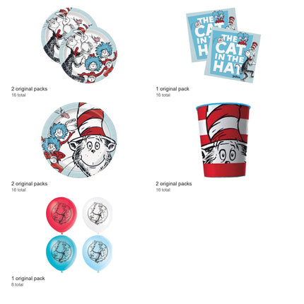 Cat in the Hat Party Supplies and Latex Balloons Set for 16 Guests - included packs and quantities