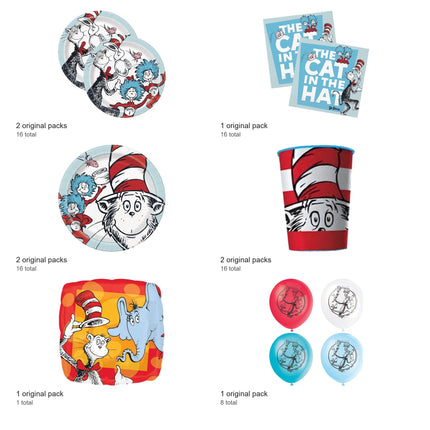 Cat in the Hat Party Supplies, Foil and Latex Balloons Set for 16 Guests - included packs and quantities